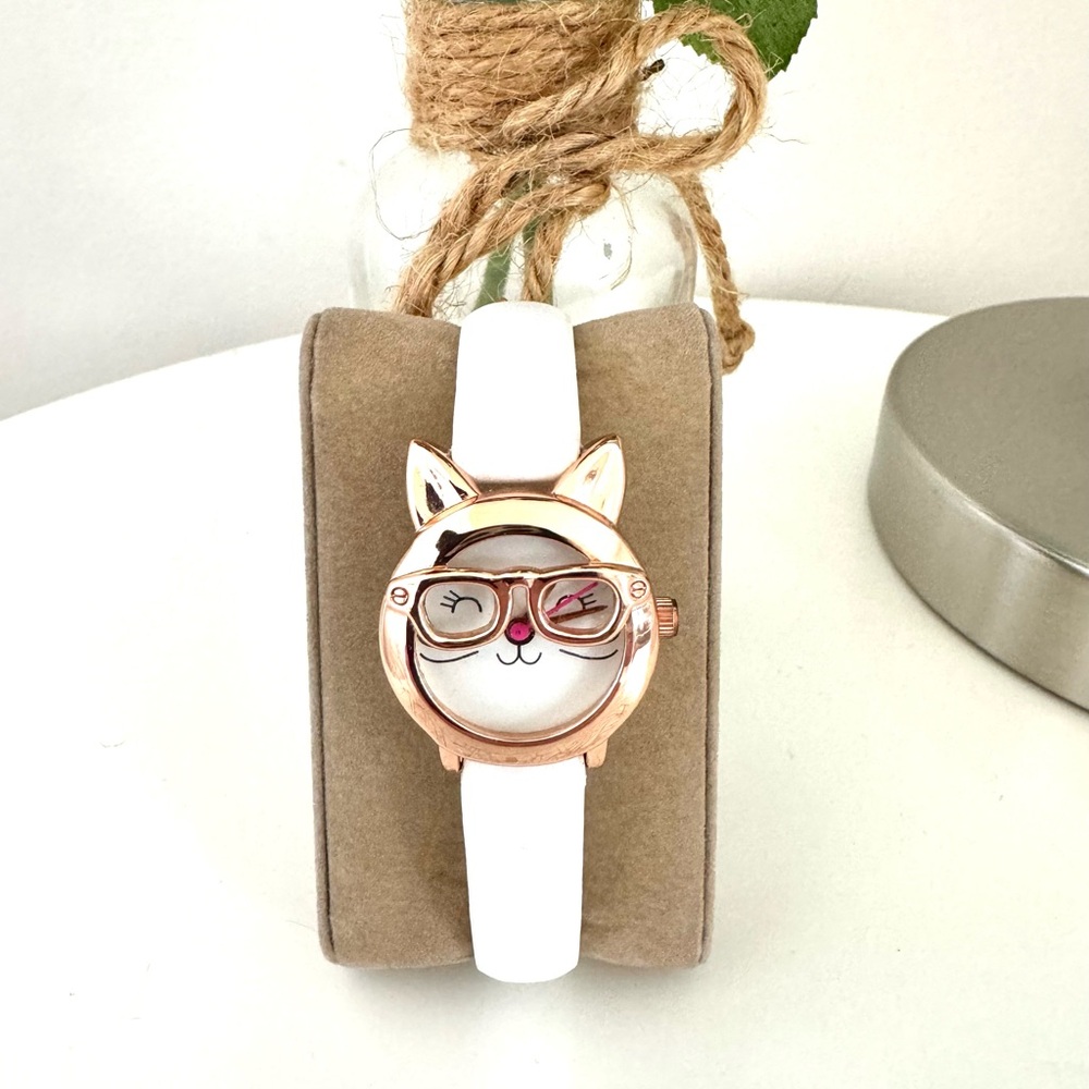 Women’s Cute Rose Gold Tone Cat Face w/ Glasses Watch with White Band
